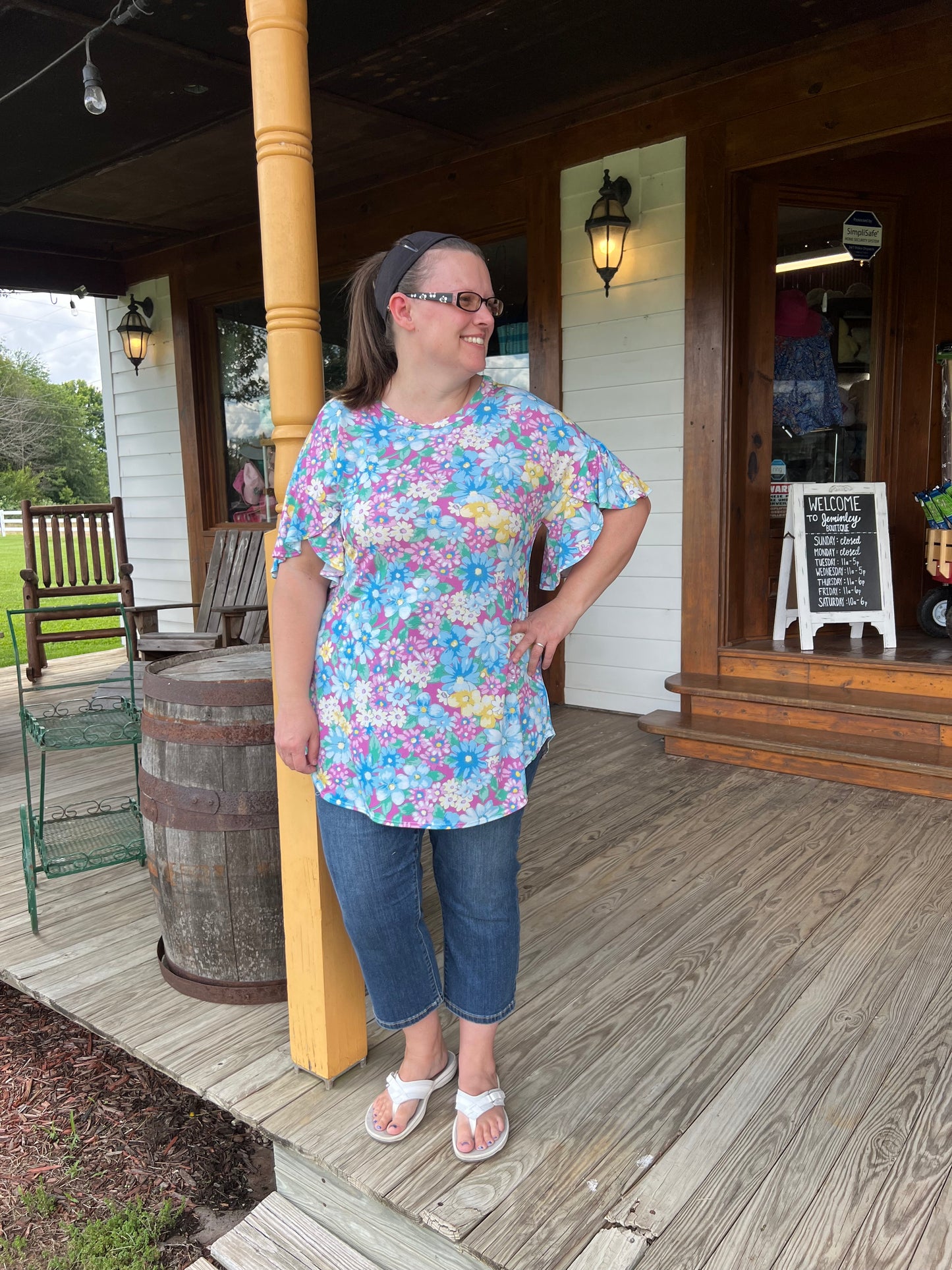 Carole Christian Floral Top with Ruffle Sleeve