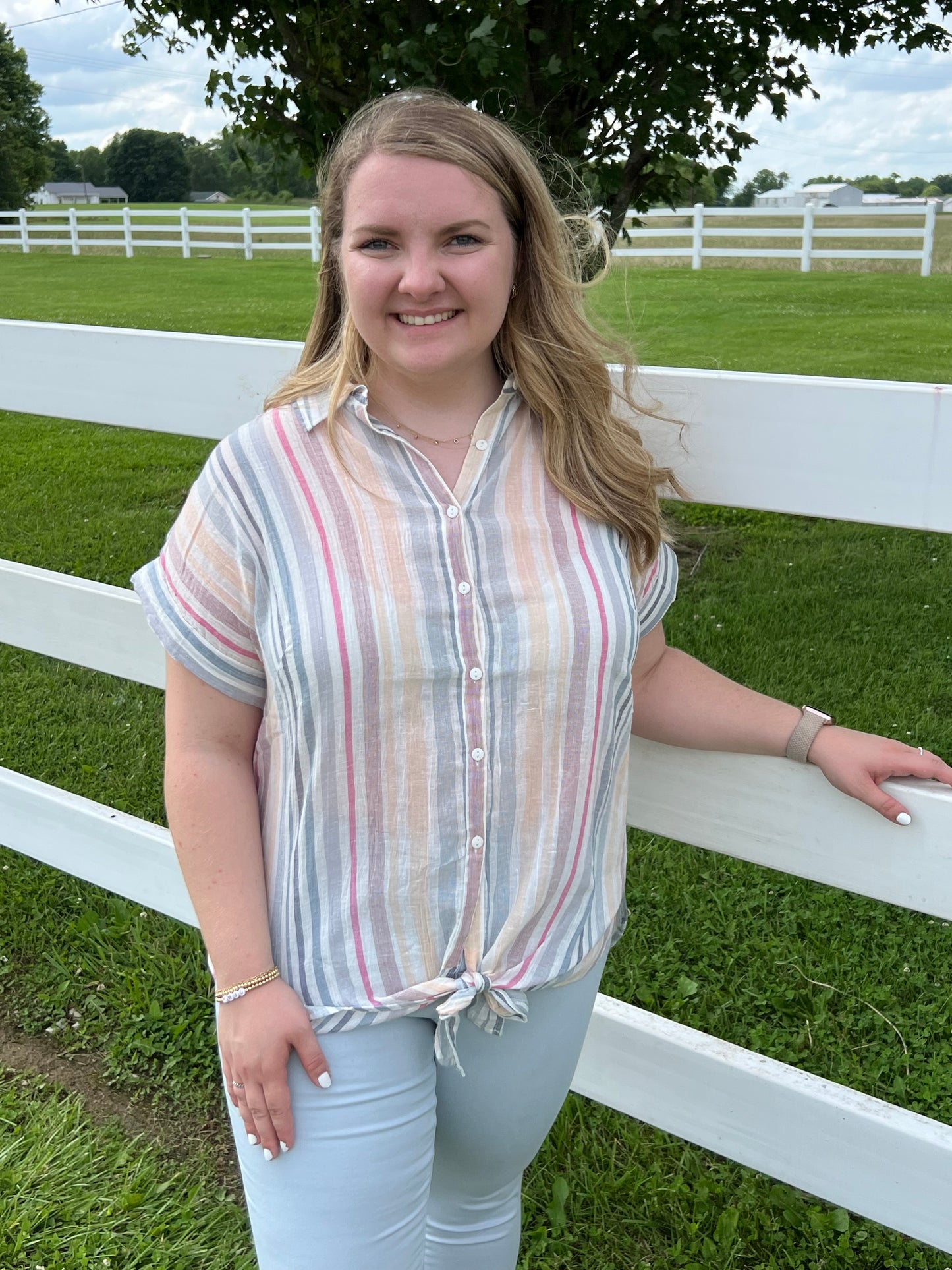 Plus Cotton Multi Stripe Button Top