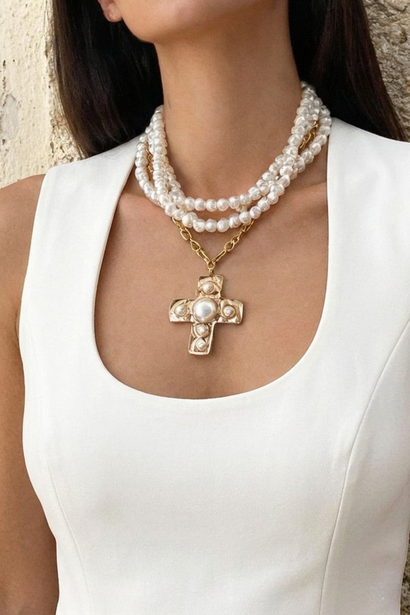 Notable Hammered Cross Multi-Wrap Pearl Necklace - Gold or Silver