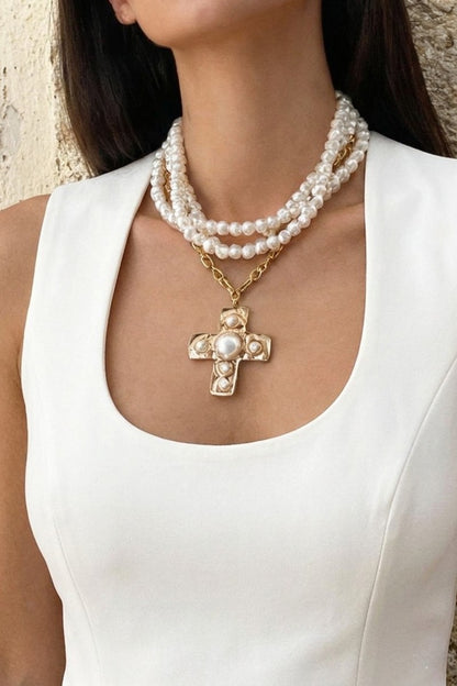 Notable Hammered Cross Multi-Wrap Pearl Necklace - Gold or Silver