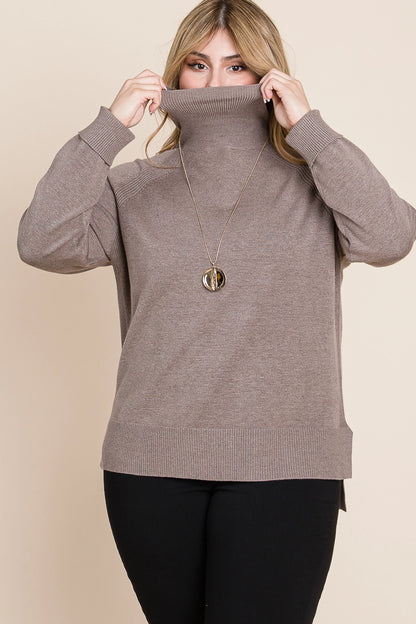 Plus Size Buttery Soft Solid Knit Two Tone Turtleneck - Mocha