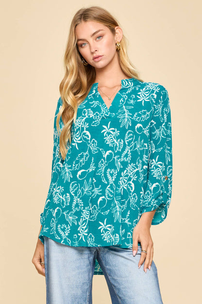 Palm Tree Mandarin Collar 3/4 Sleeve Blouse