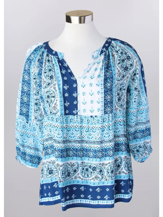 Keren Hart Blue Paisley V-neck 3/4 Sleeve Top