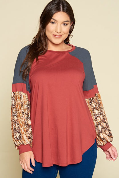 Plus Size Color Block Snake Skin Raglan Top