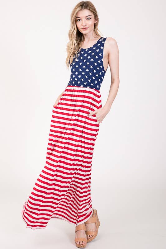 Stars and Striped Maxi Dress with Pockets