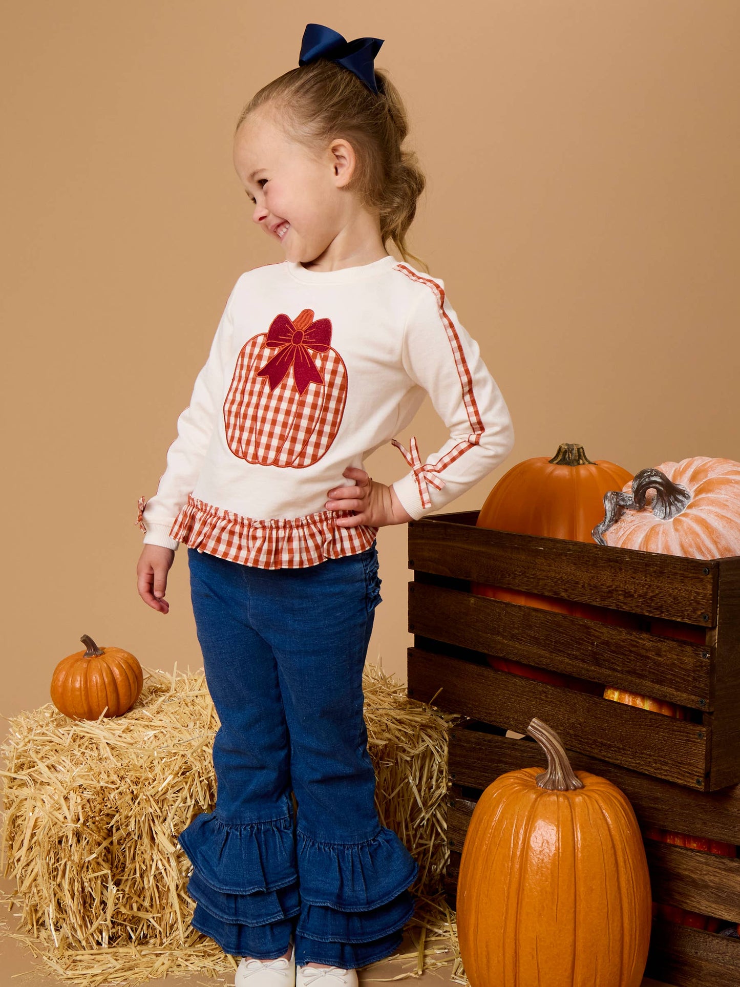 Girls Pumpkin Bow Ivory Applique Ruffle Bow Sweatshirt