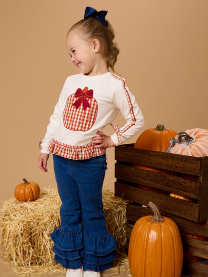 Girls Pumpkin Bow Ivory Applique Ruffle Bow Sweatshirt