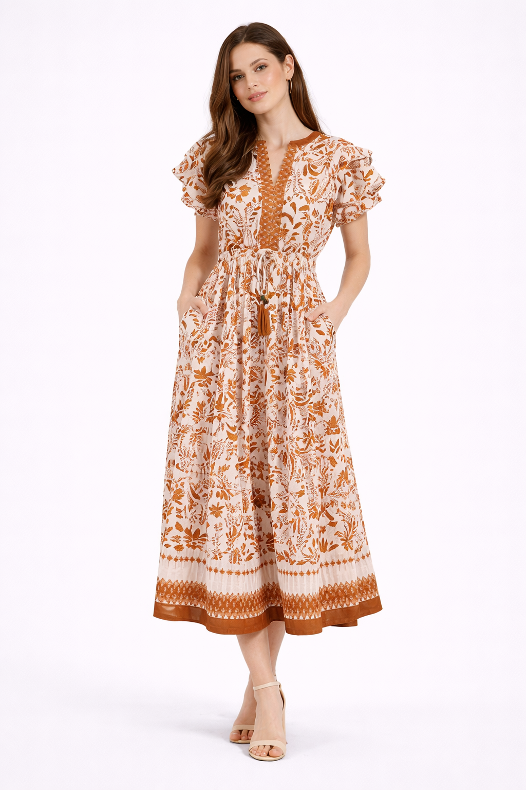 Flutter Sleeve Printed Midi Dress