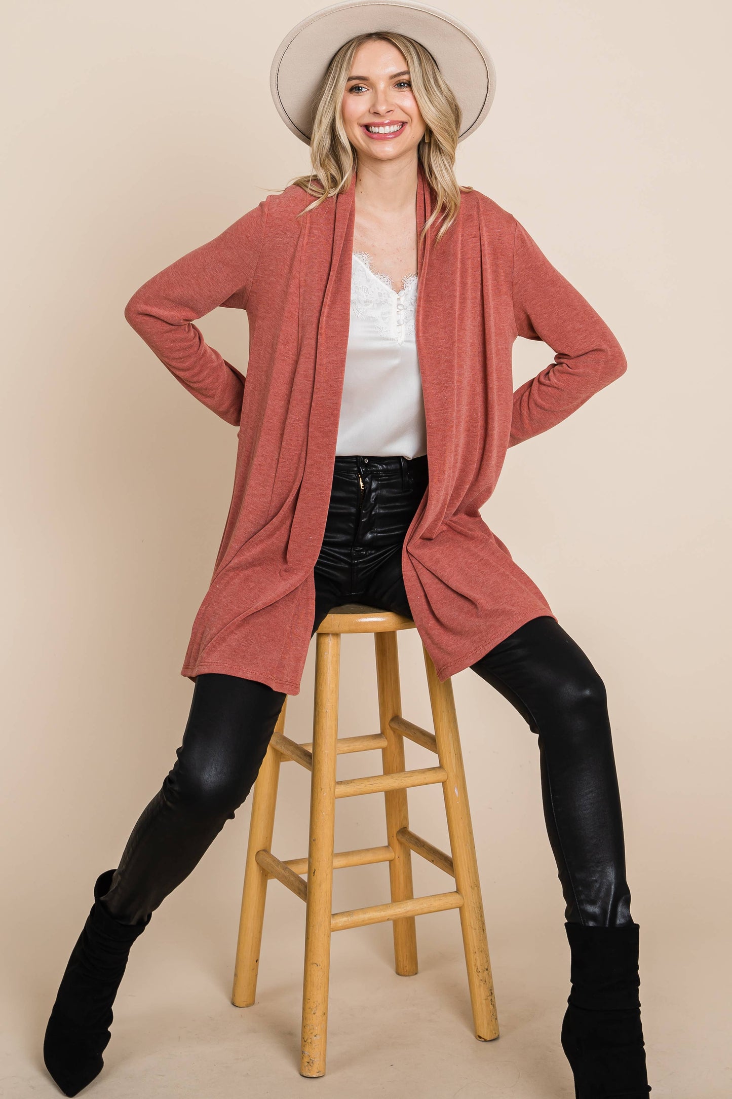 Soft Solid Open Front Cardigan - Rust