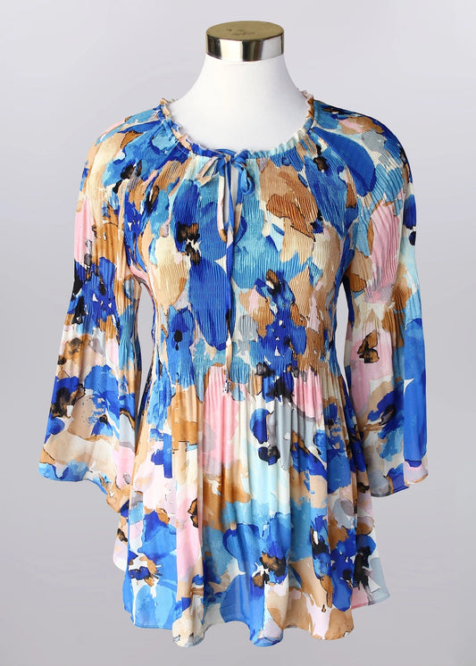 Keren Hart Watercolor Floral Mini Pleat Blouse with Tie Detail