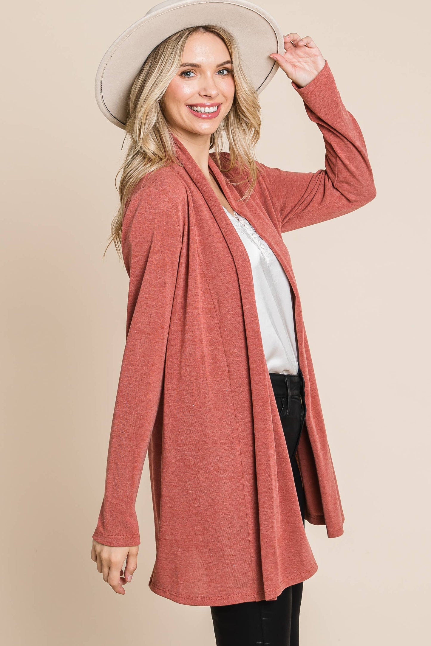 Soft Solid Open Front Cardigan - Rust