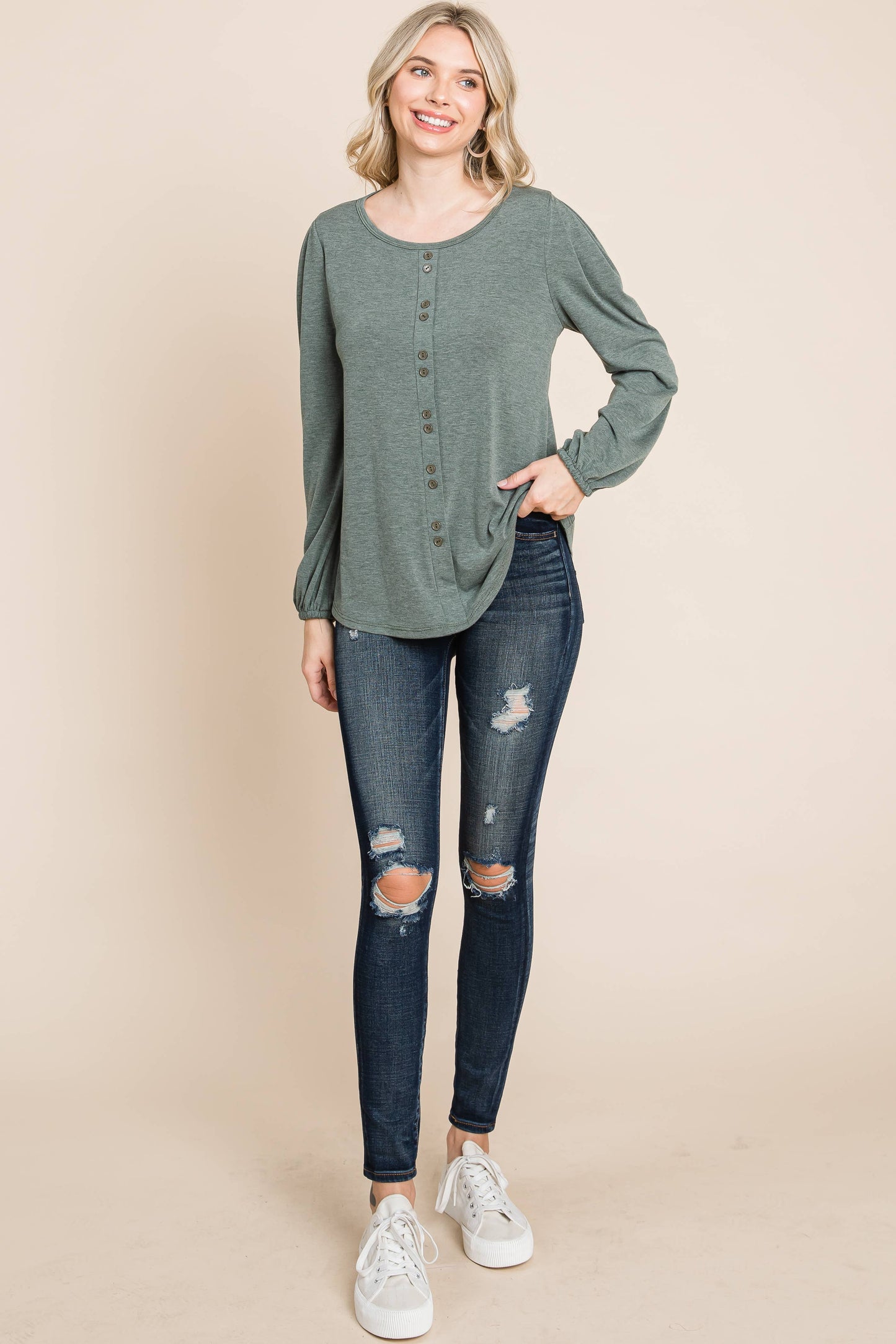 Olive Long Sleeve Top with Front Detail