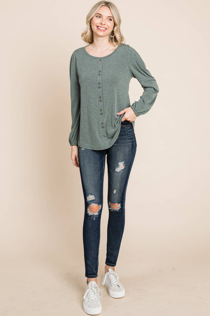 Olive Long Sleeve Top with Front Detail