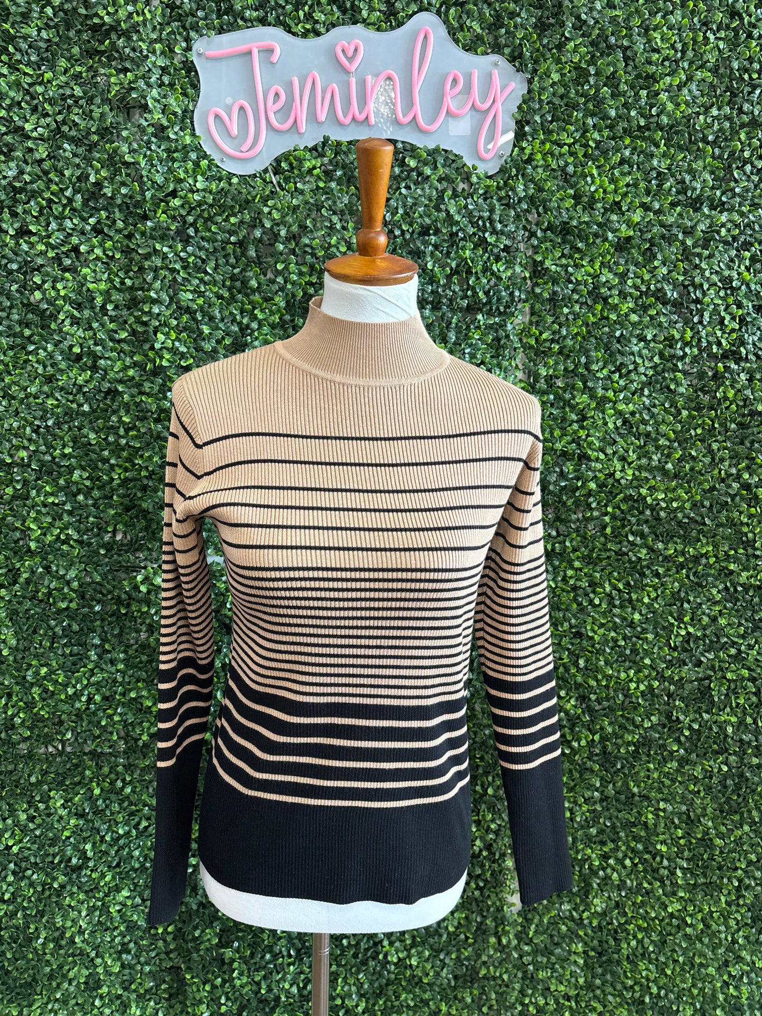 Keren Hart Ribbed Mock Neck Striped Sweater styled with jeans and boots for fall fashion, modest church outfits for fall, Thanksgiving outfit ideas, pumpkin patch outfits, and fall family photo outfits.