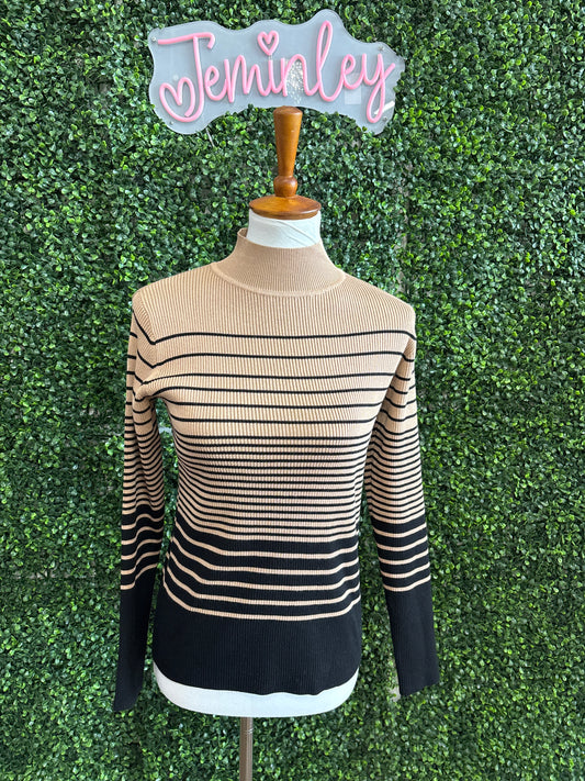 Keren Hart Ribbed Mock Neck Striped Sweater styled with jeans and boots for fall fashion, modest church outfits for fall, Thanksgiving outfit ideas, pumpkin patch outfits, and fall family photo outfits.