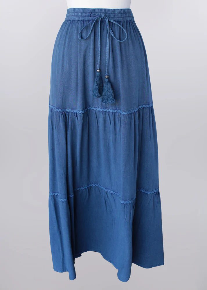 Plus size denim-look tiered skirt made from lightweight rayon, flowy silhouette, suitable for church, brunch, and everyday wear