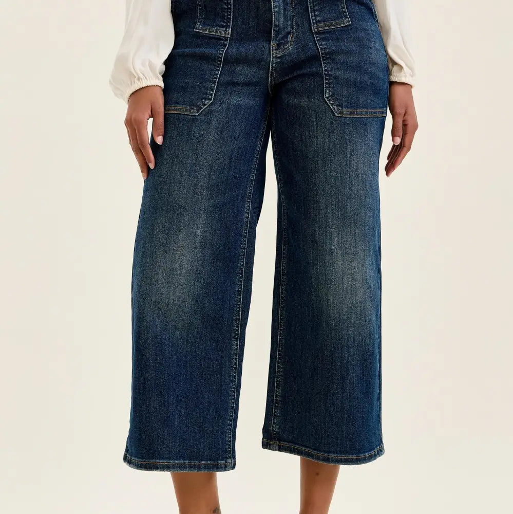 Judy Blue High Waist Wide Leg Crop Utility Patch Pocket Jeans