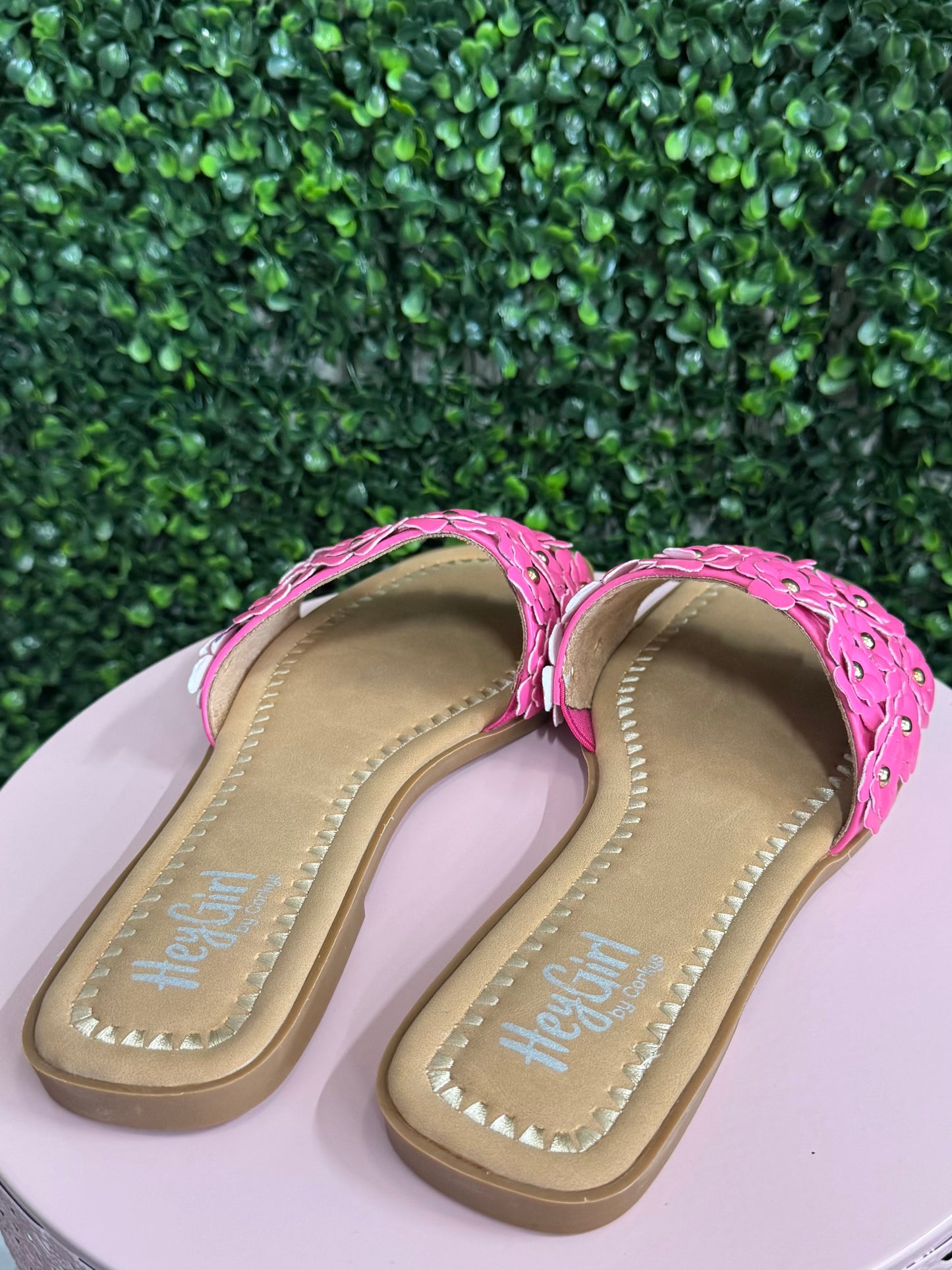 Corky's flat slide on floral hot pink sandal