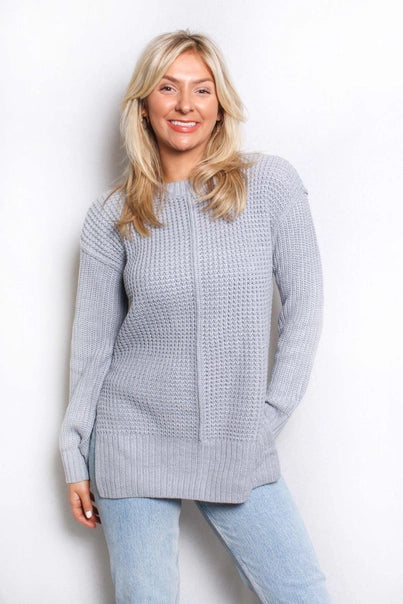 Long Sleeve Crew Neck Gray Knitted Sweater