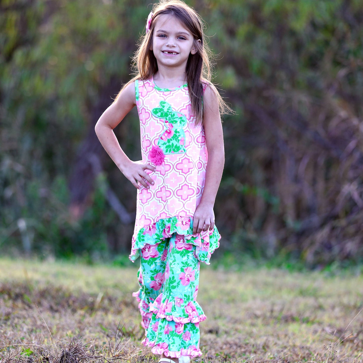 AnnLoren Girls Easter Outfit Pink Arabesque Bunny Floral PrP