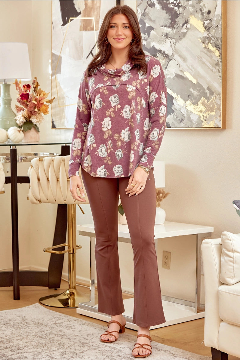 Dear Scarlett Cowl Neck Floral Print Tunic Top - dark mauve