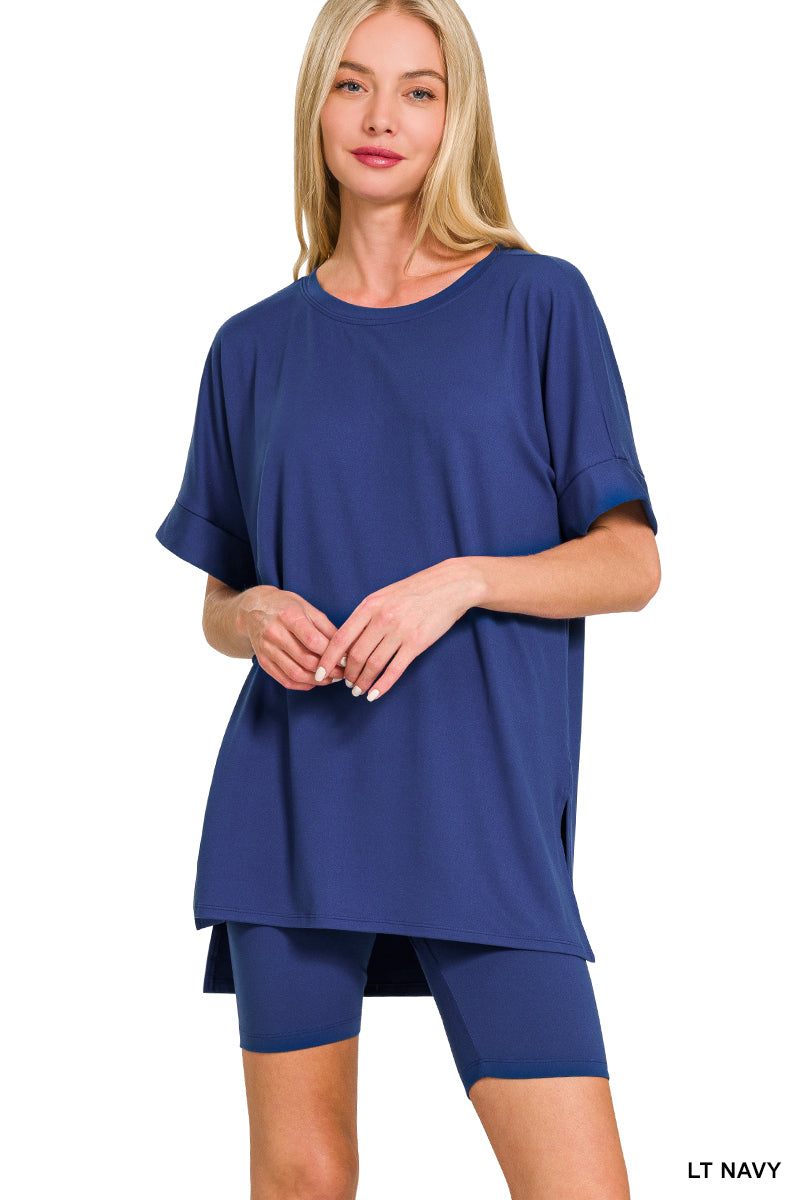 Brushed DTY microfiber round-neck top and biker shorts set - 3 colors
