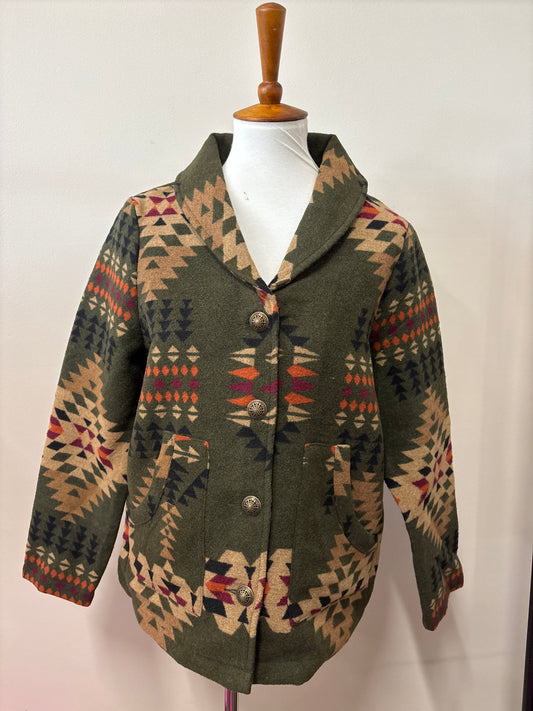 Keren Hart Olive and Burgundy Aztec Jacket styled for fall fashion with jeans and boots, perfect for modest church outfits for fall, Thanksgiving outfit ideas, pumpkin patch outfits, and fall family photos.