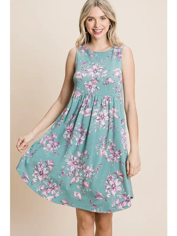 Plus Size Floral Sleeveless Knee Dress - Mint
