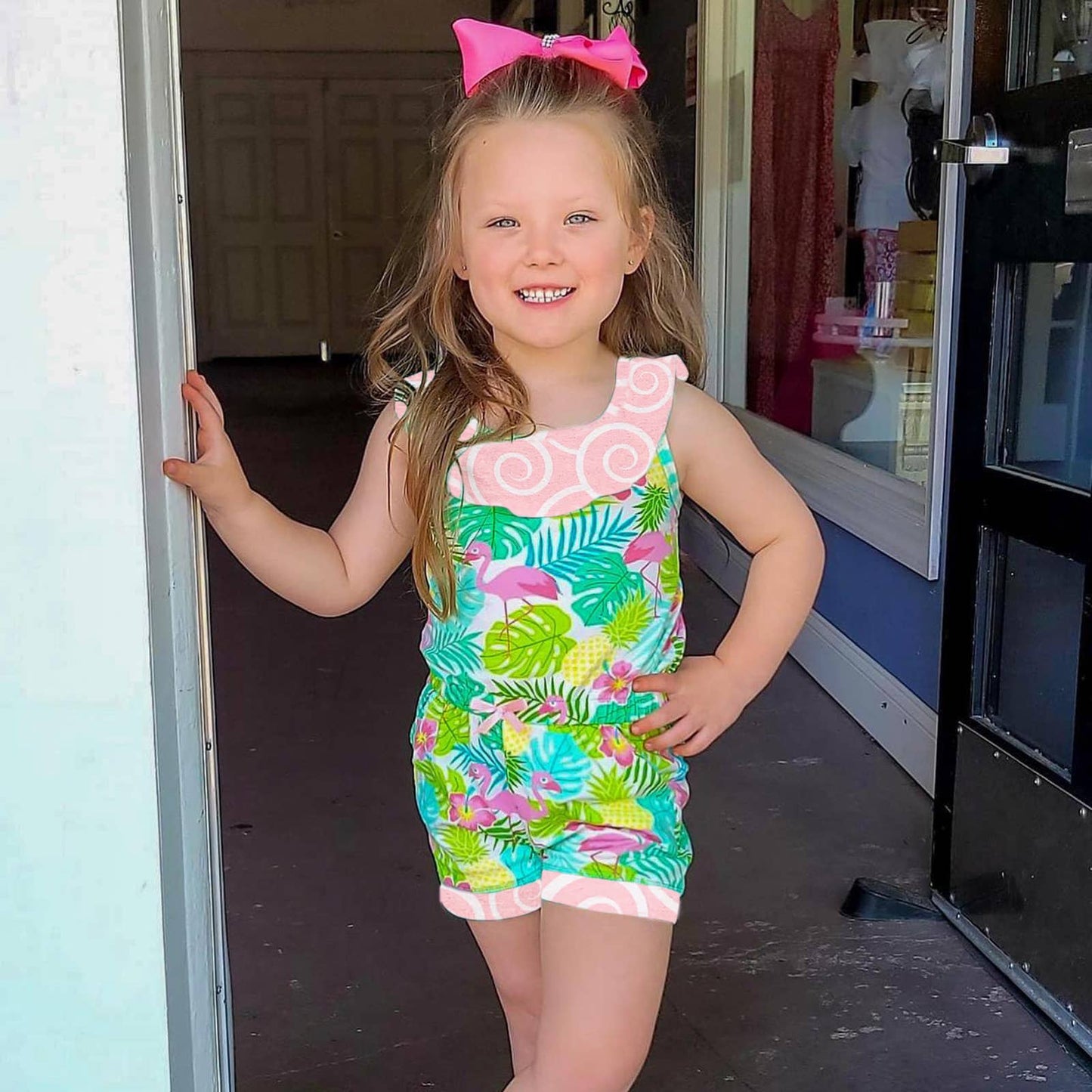 AnnLoren Pink Flamingo Girls Jumpsuit Shorts Summer Romper