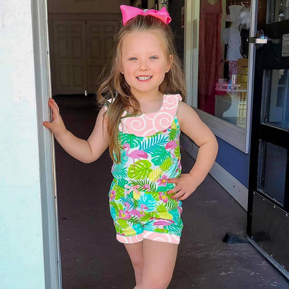 AnnLoren Pink Flamingo Girls Jumpsuit Shorts Summer Romper