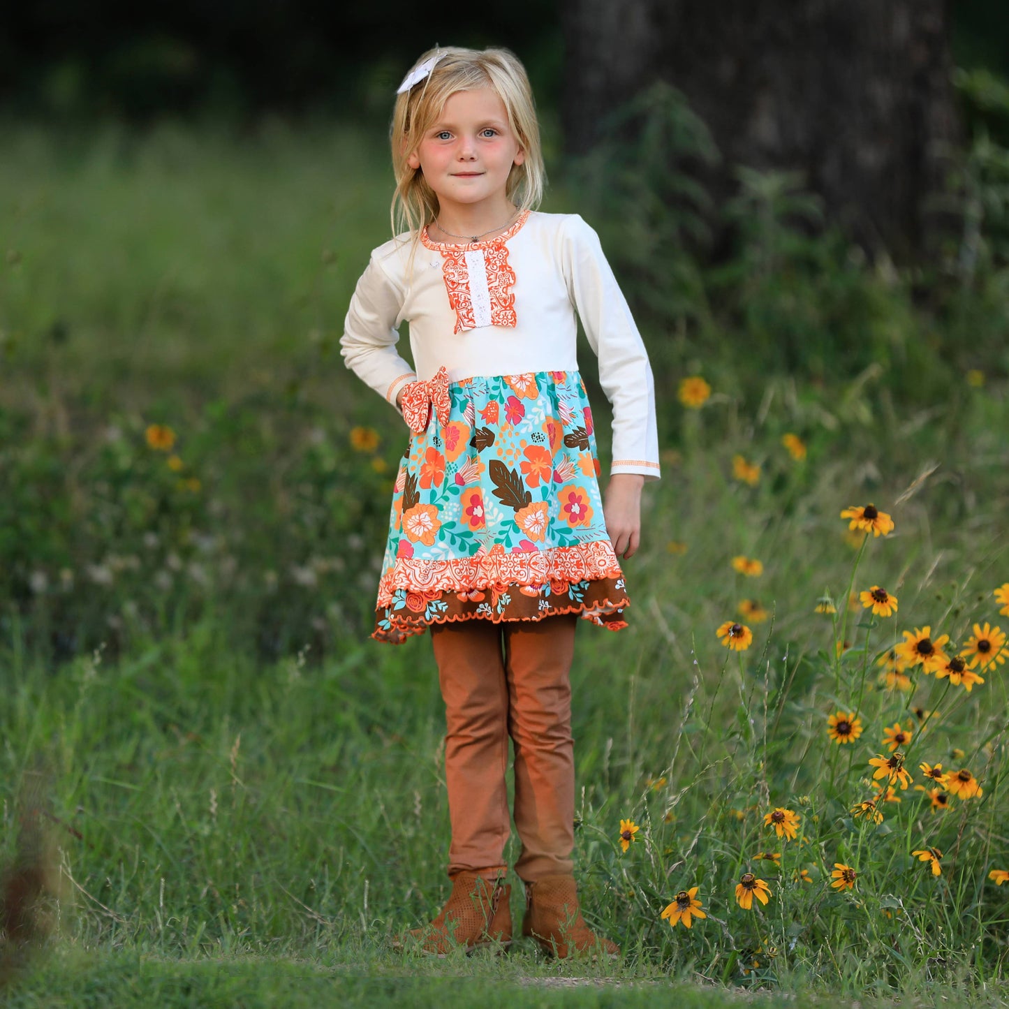 Girls Amber Autumn Fall Floral Dress & Leggings Set