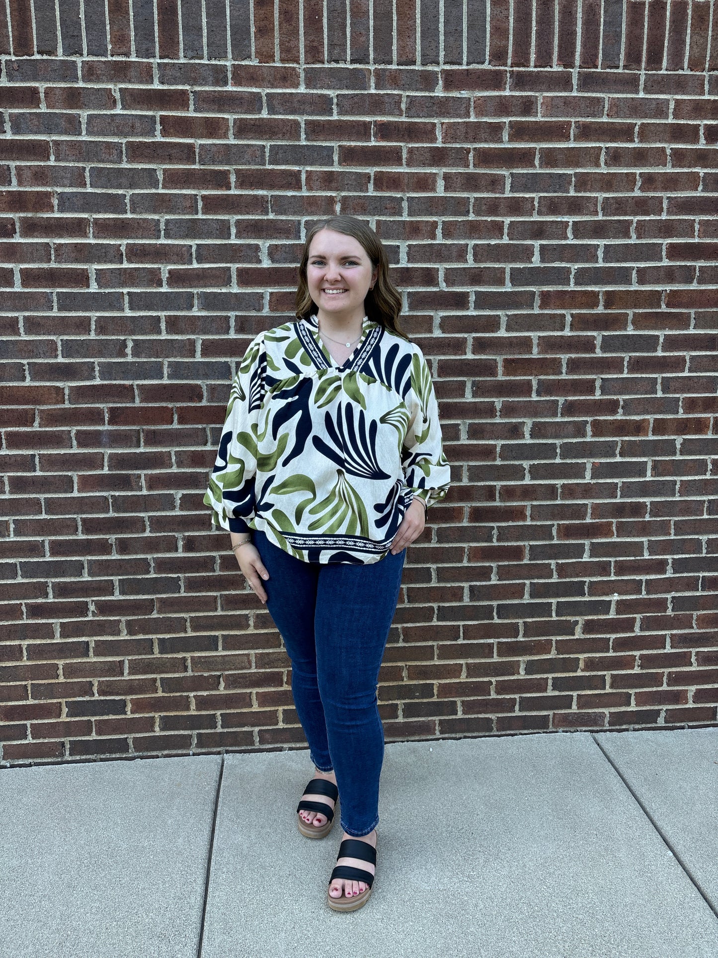 Umgee Boho Print Leaf Blouse - Olive