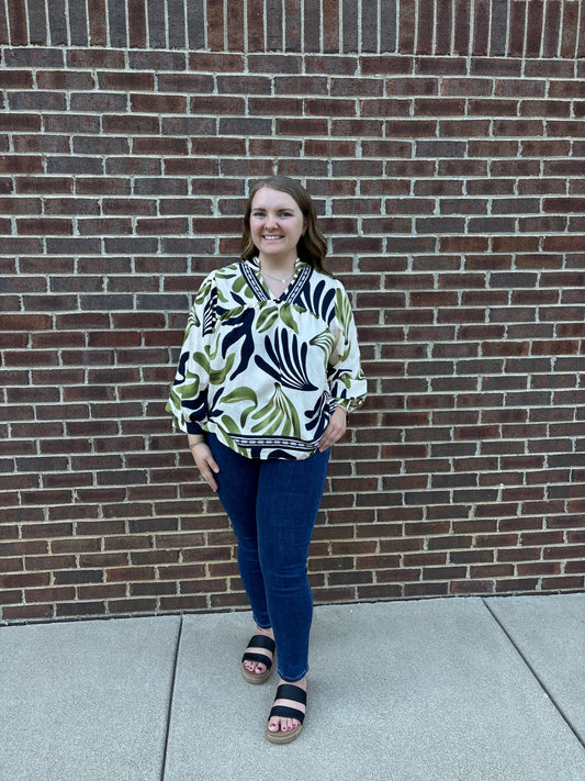 Umgee Boho Print Leaf Blouse - Olive