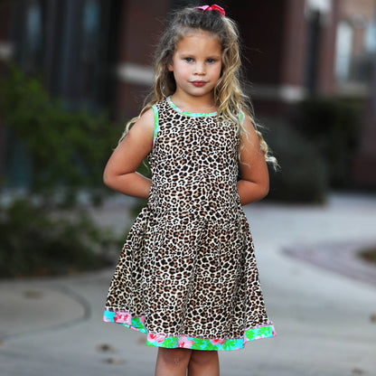 AnnLoren Girls Dress Leopard Floral Rose Swing Sleeveless
