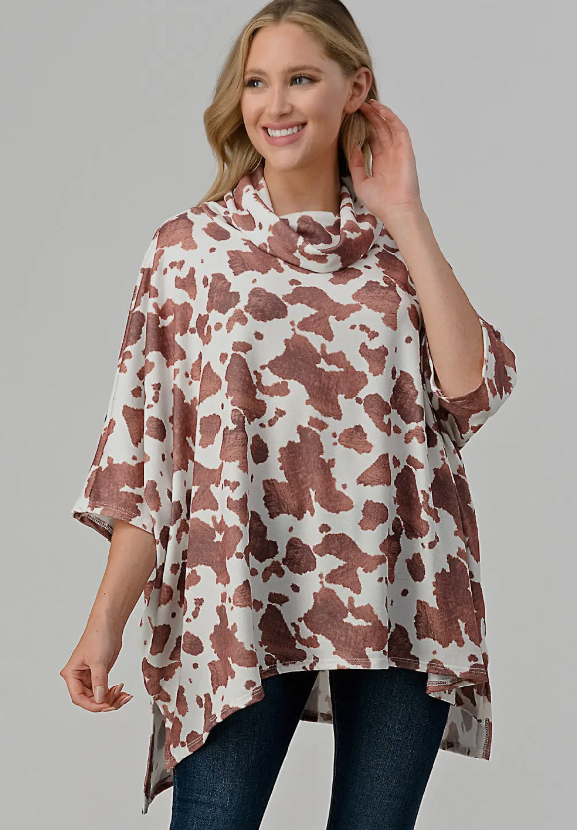 Short Sleeve Oversized Cowl Neck Poncho Sweater Cow Print