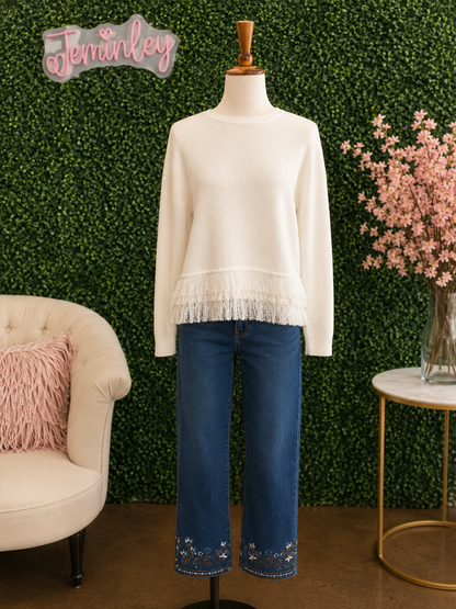 Charlie B Indigo Flare Leg Denim with Slit Hem and Embroidery