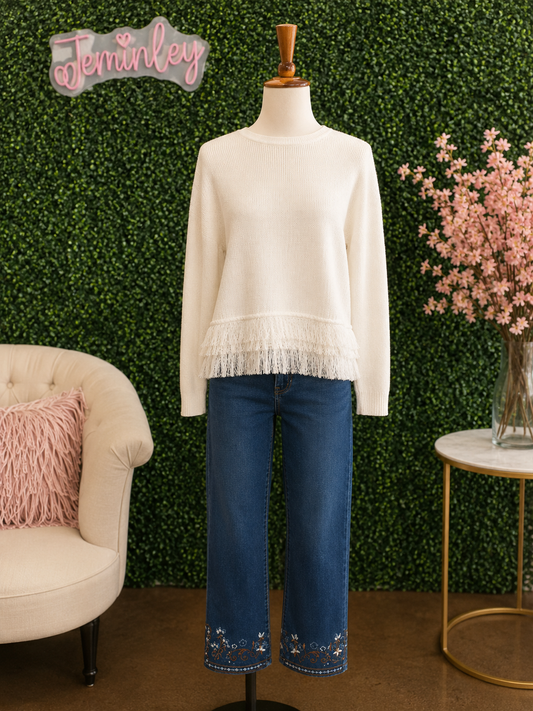 Charlie B Indigo Flare Leg Denim with Slit Hem and Embroidery