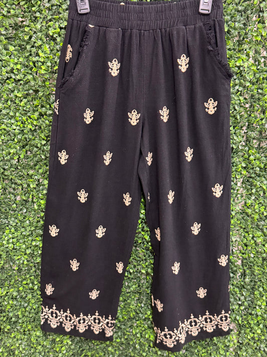 Umgee Black Linen Blend Wide Leg Pants with Detail