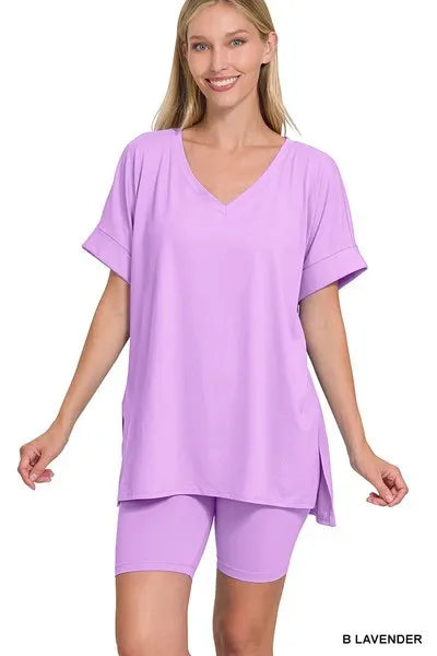 Lavender microfiber v neck top and bikers shorts set