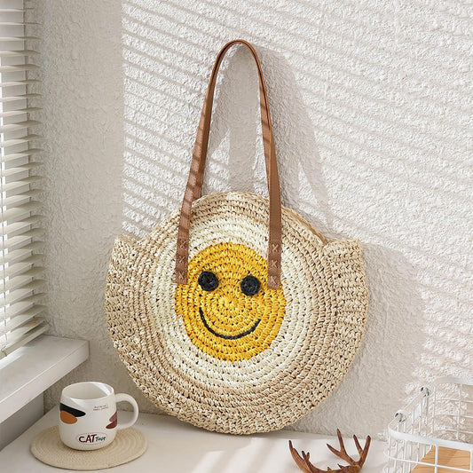 Circular Woven Straw Smile Tote Bag