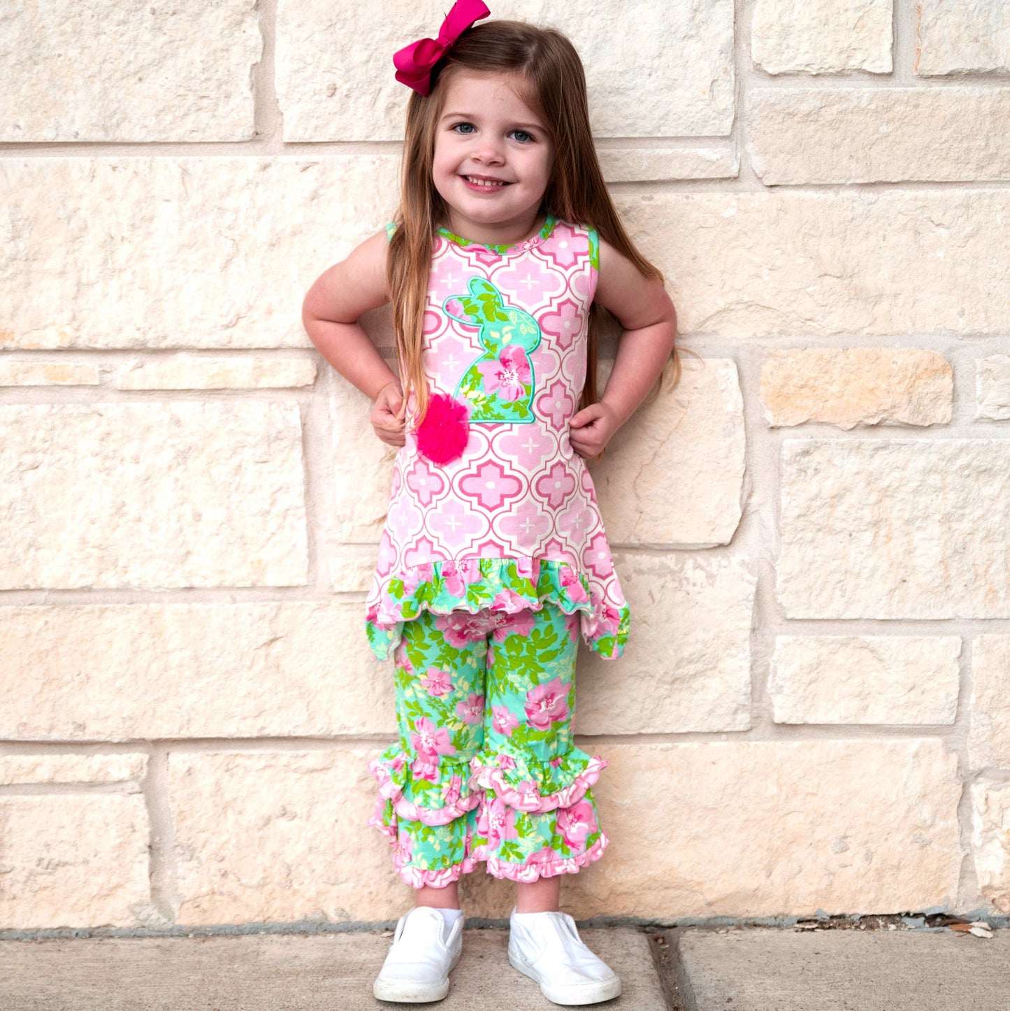 AnnLoren Girls Easter Outfit Pink Arabesque Bunny Floral PrP