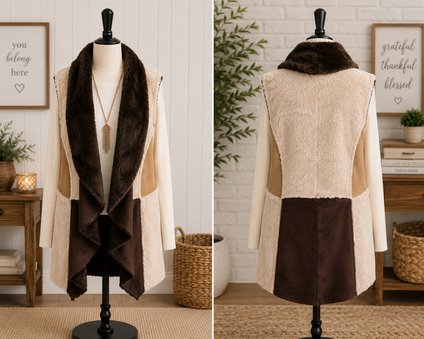 Patchwork Fall Faux Fur Long Vest - Reversible