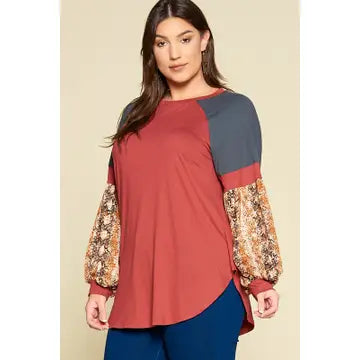 Plus Size Color Block Snake Skin Raglan Top