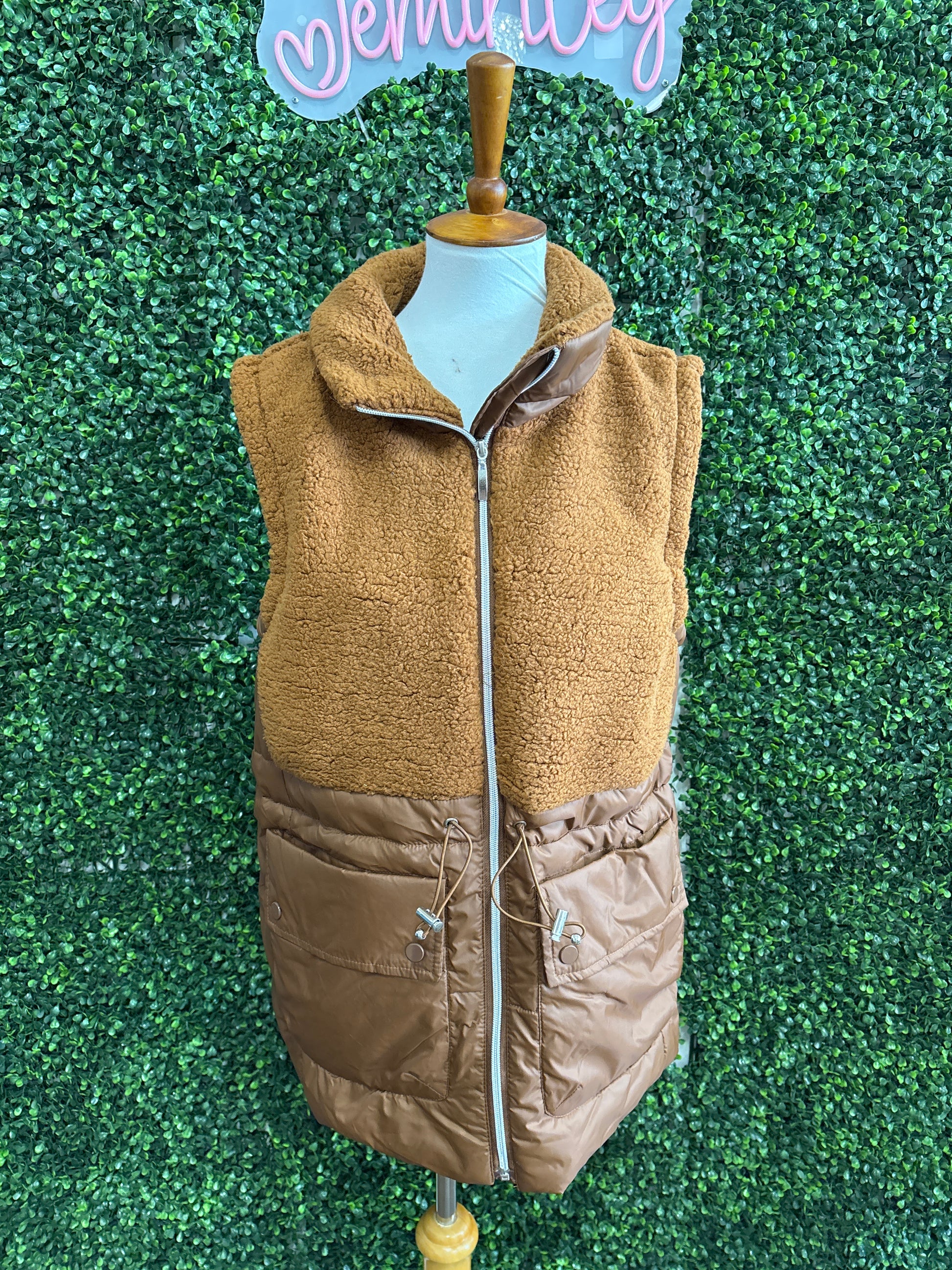 Keren Hart Spice Vest with Sherpa Detail layered over a fall outfit with jeans and boots, perfect for fall fashion, modest church outfits for fall, Thanksgiving outfit ideas, pumpkin patch outfits, and fall family photos.