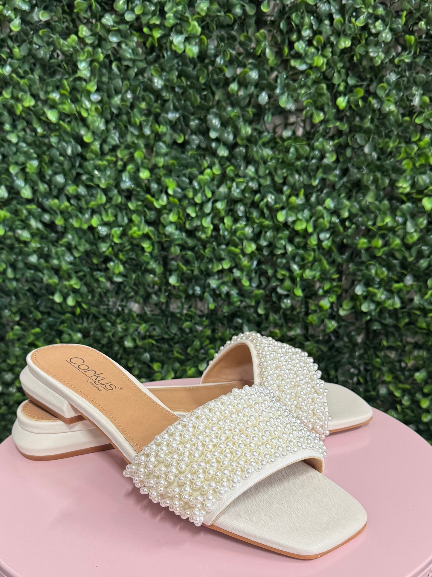 Corkys pearl embellished sandals for women, dressy comfortable slip on sandals, boutique shoes for church and special occasions