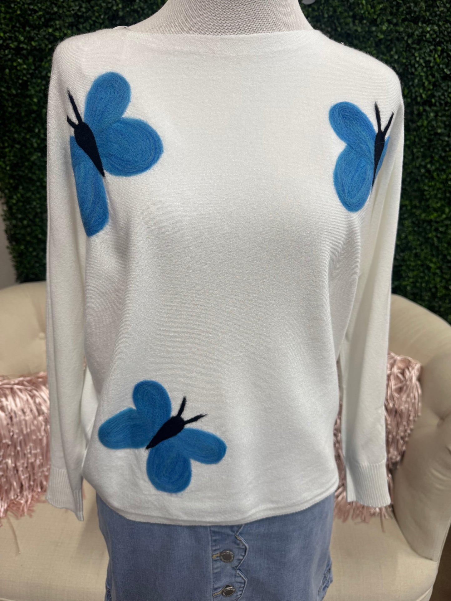 Keren Hart White Soft Knit Sweater with Butterflies
