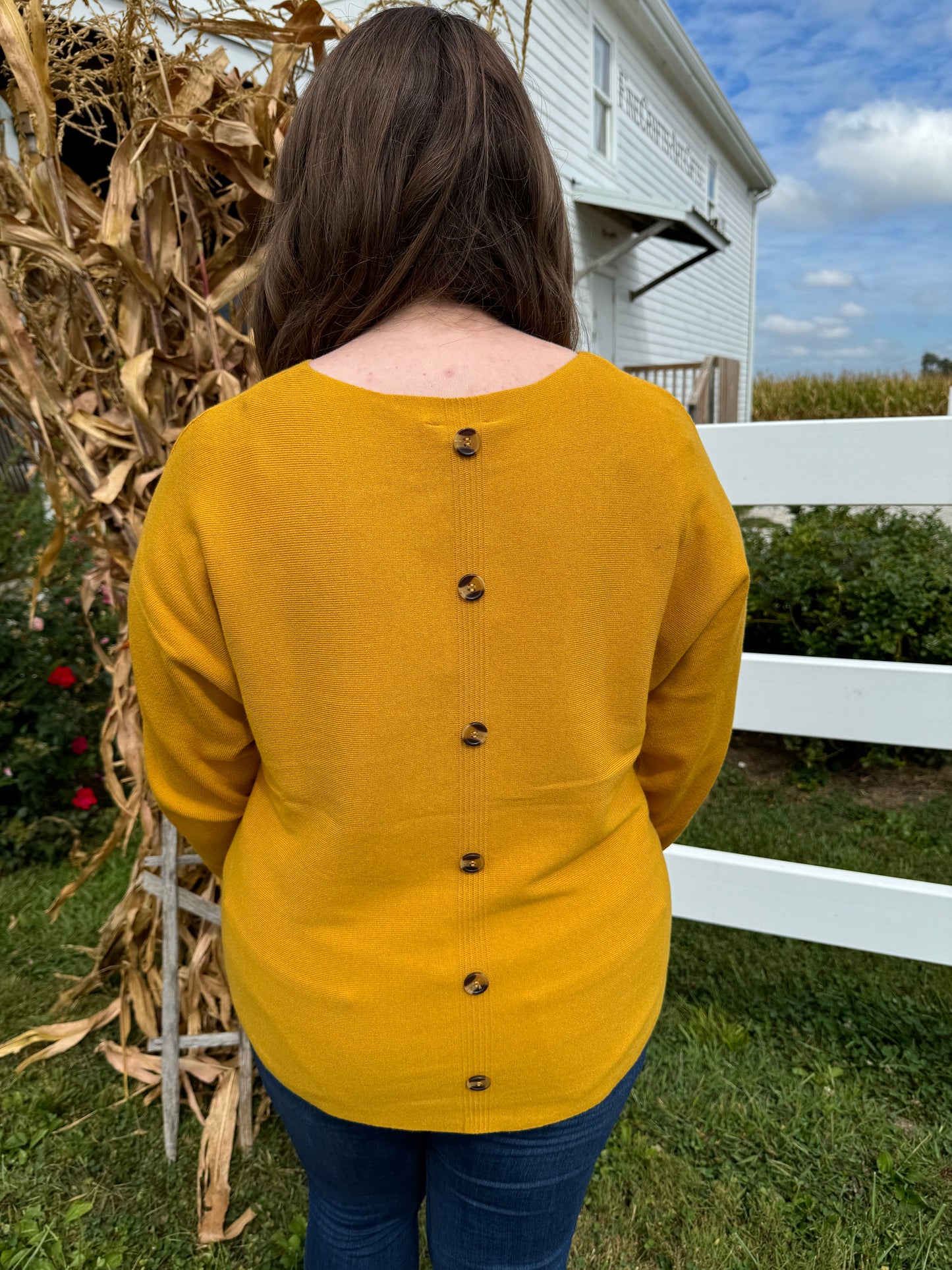 Long sleeve ribbed sweater w/ button back detail - Mustard