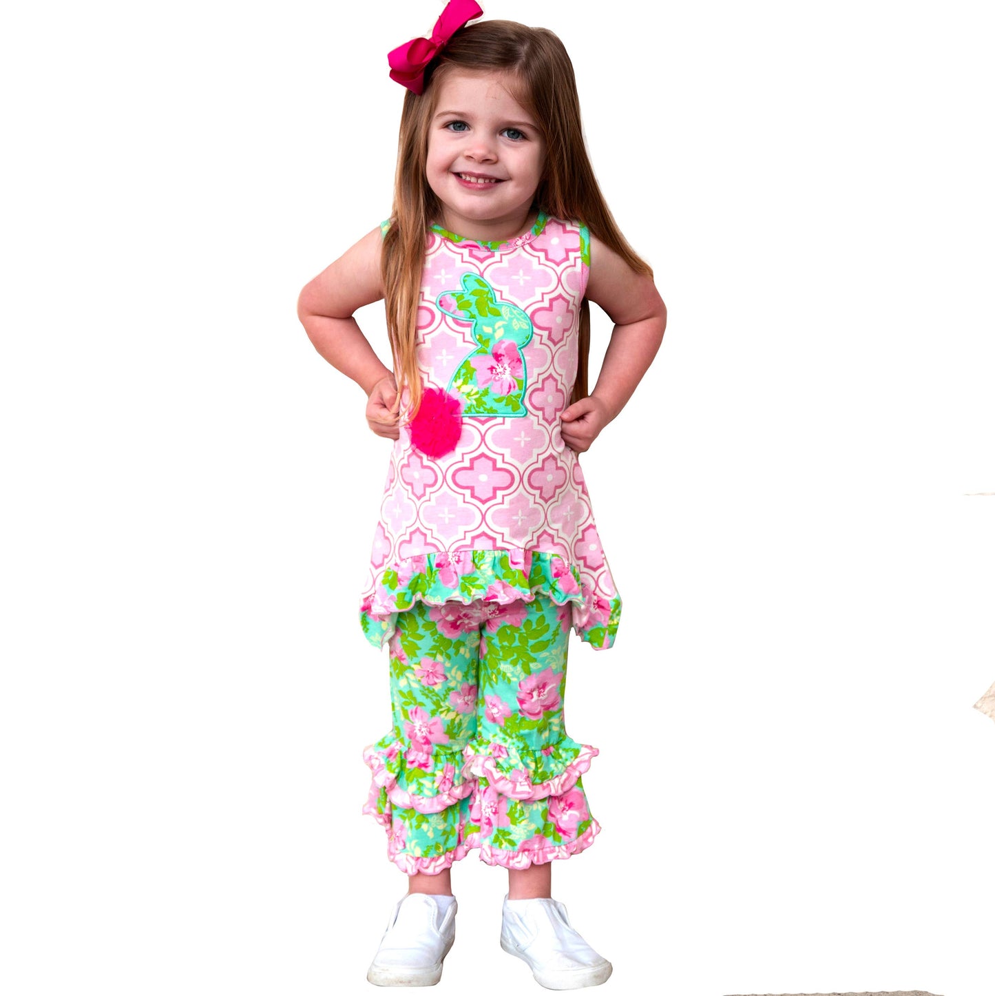 AnnLoren Girls Easter Outfit Pink Arabesque Bunny Floral PrP