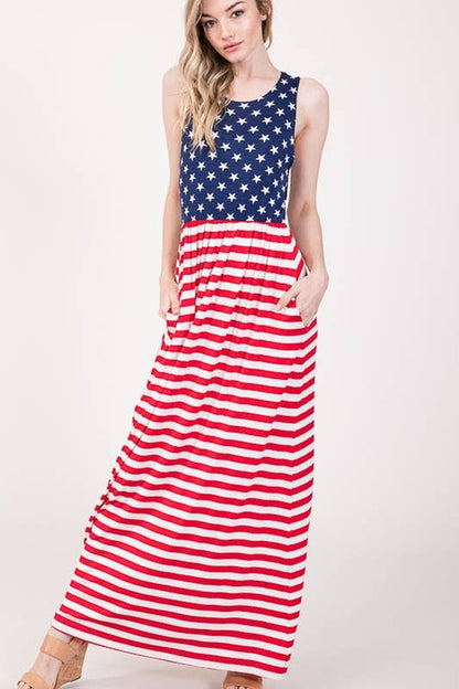 Stars and Striped Maxi Dress with Pockets