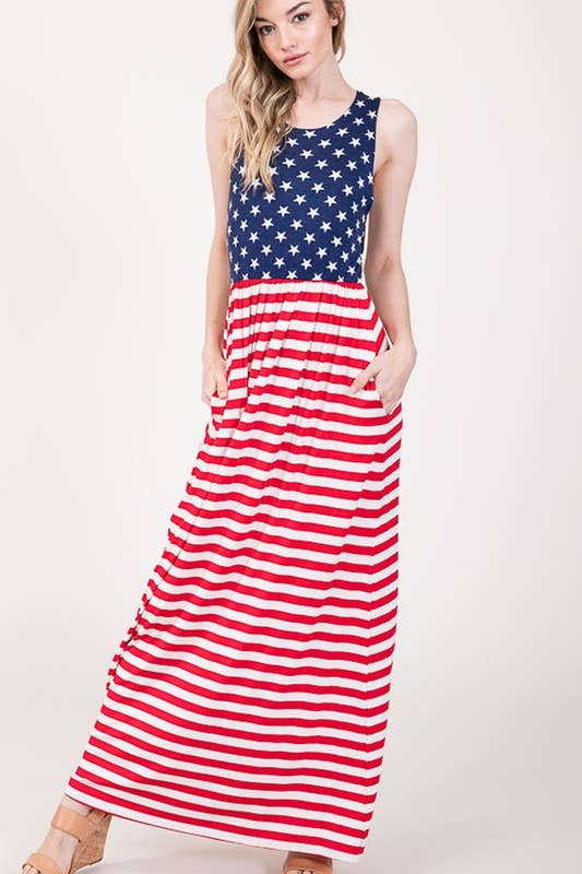 Stars and Striped Maxi Dress with Pockets